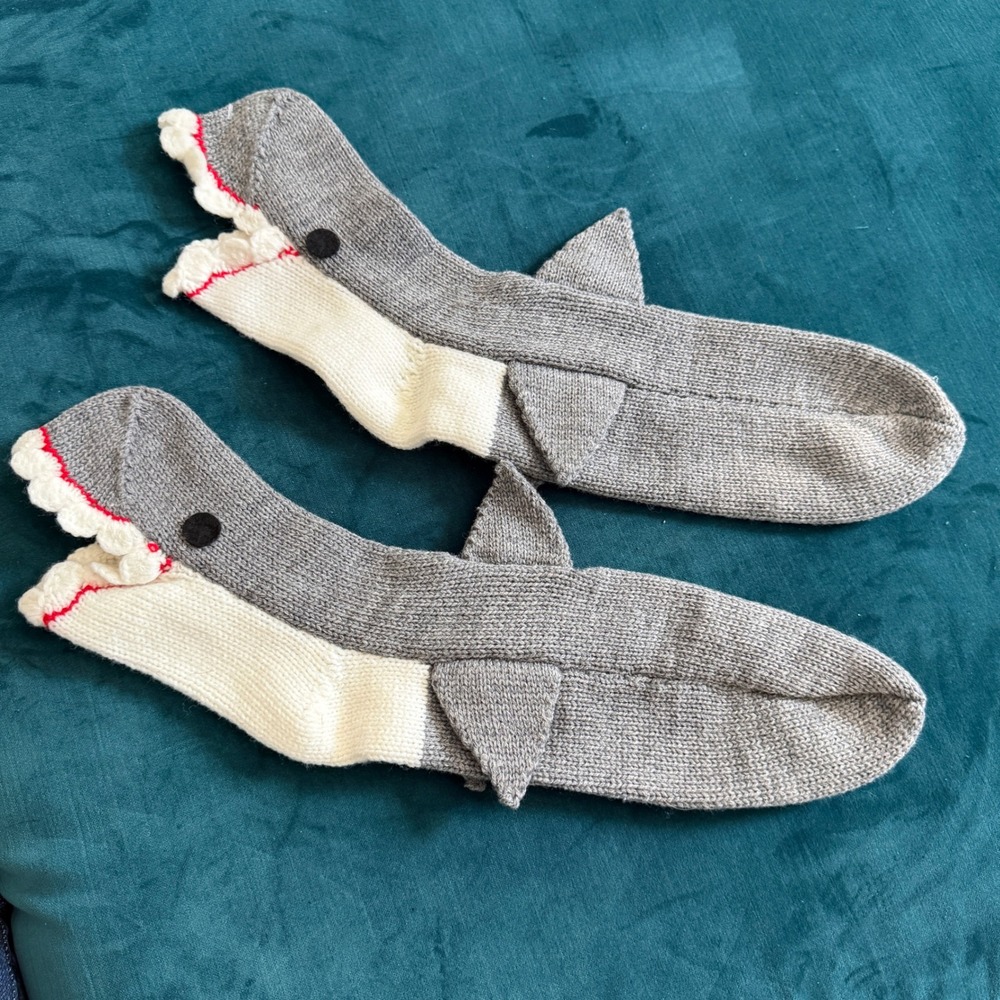 Handmade Knit Shark Socks Grey White Red Novelty Fun Animal House Slippers
